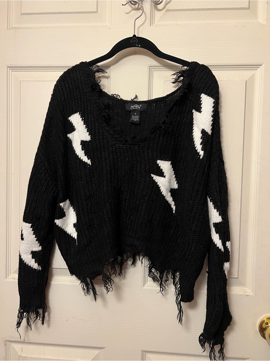 just polly Sweaters - Distressed Lightning Bolt Black Knit Sweater